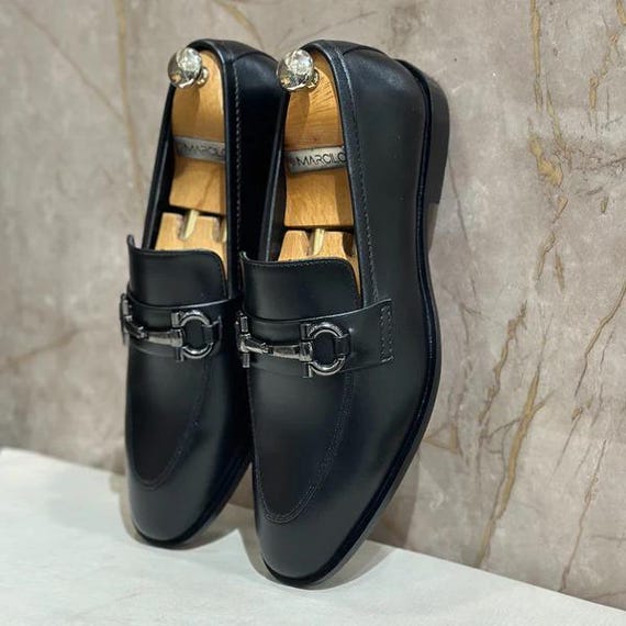 Handmade Black Leather Loafers for Men - Formal Dress Shoes, Horsebit Loafers, Wedding & Office Wear