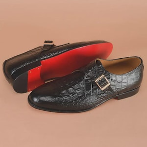Handmade Black Alligator Crocodile Men Leather Single Monk Strap Dress Shoes image 7