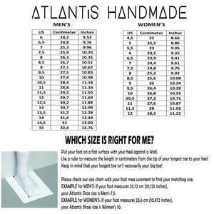 May include: A size chart for Atlantis Handmade shoes, with measurements in inches and centimeters. The chart includes sizes for men and women, with instructions on how to measure your foot for the correct fit.