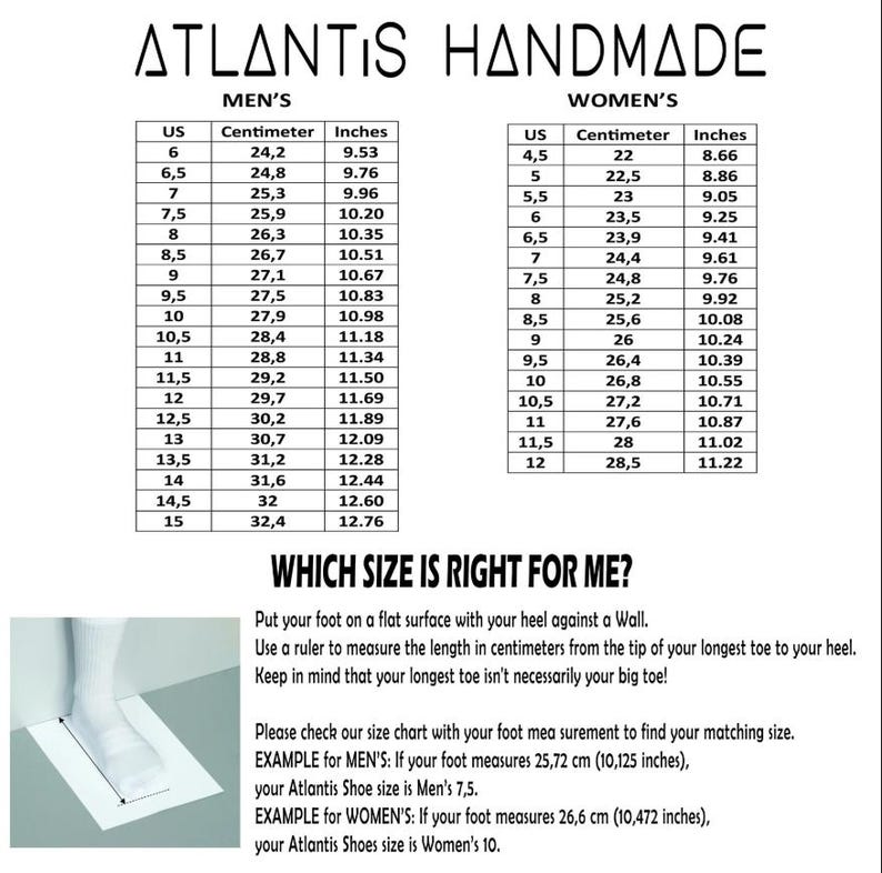 May include: A size chart for Atlantis Handmade shoes, with measurements in inches and centimeters. The chart includes sizes for men and women, with instructions on how to measure your foot for the correct fit.
