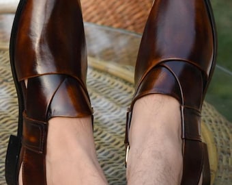Handmade Brown Leather Peshawari Chappal Sandals: Men's Bespoke Footwear