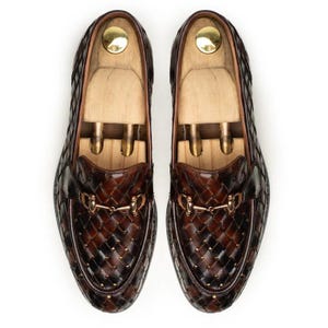 Weeding Men&#39;s Handmade Brown Woven/Weaved Calf Leather Slip on Loafers for Men Exotic Handmade Brown Color Moccasins Dress Shoes