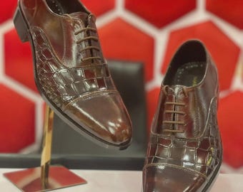 Handmade Brown Leather Oxford Shoes – Crocodile Texture Dress Shoes