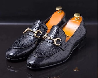 Handmade Black Crocodile Leather Loafers: Men's Slip-On Dress Shoes