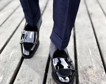 Czarne lakierowane mokasyny męskie | Buty wizytowe z podwójną klamrą