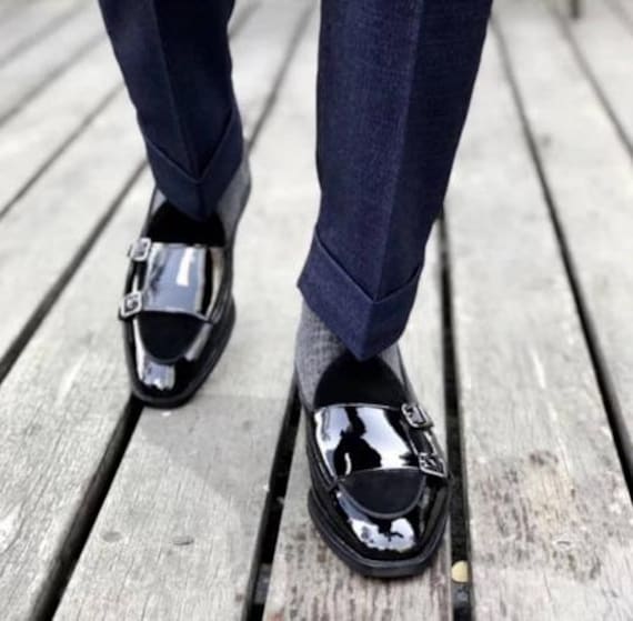 Men’s Black Patent Leather Loafers | Double Buckle Dress Shoes