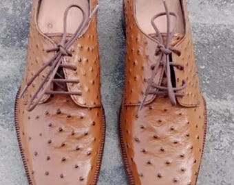 Handmade Brown Ostrich Leather Oxfords: Men's Cap Toe Dress Shoes