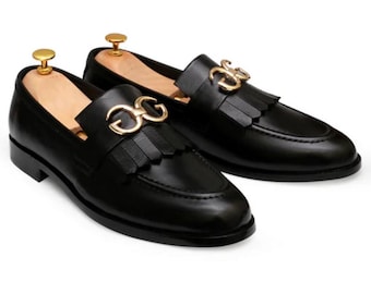 Mocasines de cuero con borlas hechos a mano: zapatos de vestir sin cordones Horsebit para hombre
