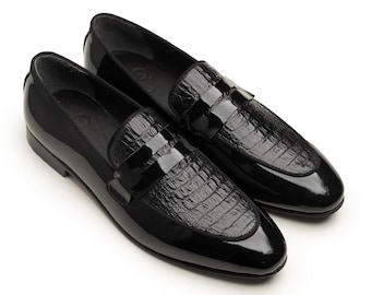 Handmade Black Crocodile Pattern Leather Loafers – Men’s Dress Shoes