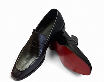 Handmade Black Leather Loafers for Men with Red Sole – Formal Dress Shoes