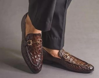 Handmade Genuine Leather Alligator Textured Brown Color Slip On Loafers For Men