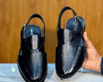 Handmade Black Leather Peshawari Chappal | Traditional Pakistani Sandals for Men | Eid, Wedding & Casual Wear