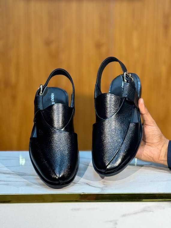 Handmade Black Leather Peshawari Chappal | Traditional Pakistani Sandals for Men | Eid, Wedding & Casual Wear