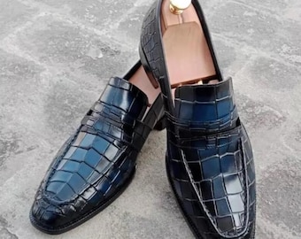 Handmade Blue Crocodile-Embossed Leather Shoes | Luxury Custom Men Dress Shoes, Formal Oxford Footwear