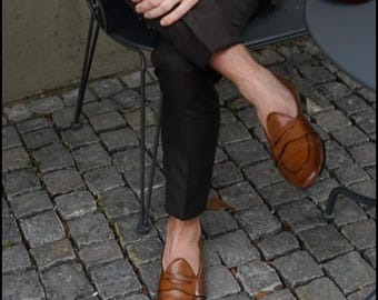 Handmade Brown Penny Leather Loafers for Men – Classic Slip-On Dress Shoes
