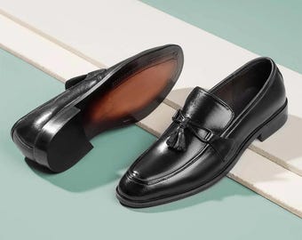 Handmade Black Leather Tassel Loafers - Men's Formal Slip-On Shoes