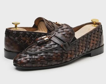 Handmade Brown Woven Leather Tassel Loafers: Mens Formal Shoes