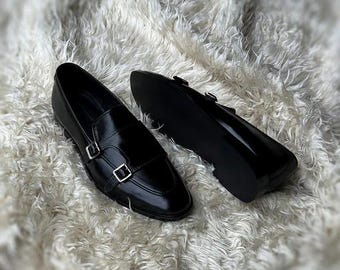 Handmade Black Leather Double Monk Strap Loafers - Men's Formal Dress Shoes