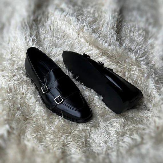 Handmade Black Leather Double Monk Strap Loafers - Men's Formal Dress Shoes