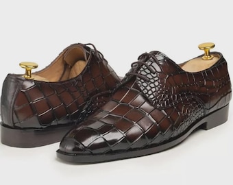 Handmade Crocodile Texture Leather Dress Shoes: Brown Patina