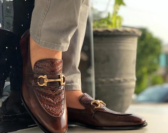 Handmade Brown Woven Leather Loafers – Horsebit Slip-On Shoes