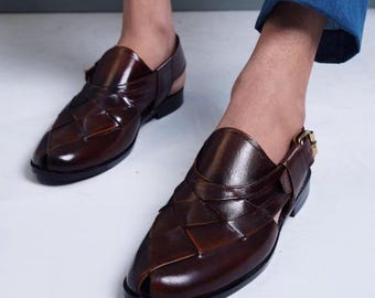 Handmade Men's Brown Leather Peshawari Chappal Sandals