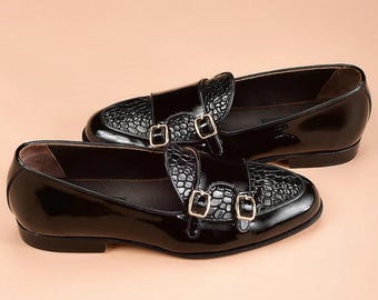 Handmade Black Patent Leather Loafers – Double Buckle Dress Shoes
