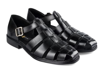 Black Leather Fisherman Sandals for Men – Buckle Strap Summer Shoes