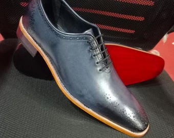Handmade Navy Blue Oxford Dress Shoes with Leather Sole