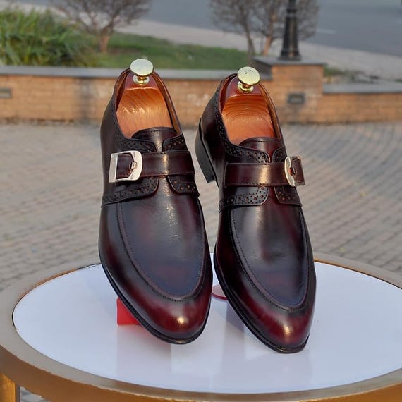 Handmade Men’s Brown Leather Monk Strap Formal Dress Shoes wedding shoes
