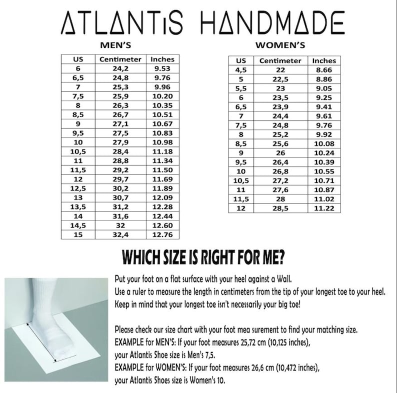 May include: A size chart for Atlantis Handmade shoes, with measurements in inches and centimeters. The chart includes sizes for men and women, with instructions on how to measure your foot for the correct fit.