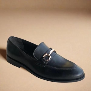 Handmade Black Leather Loafers for Men - Classic Slip-On Dress Shoes with Metal Buckle