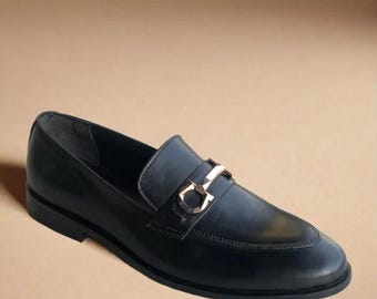 Handmade Black Leather Loafers for Men - Classic Slip-On Dress Shoes with Metal Buckle