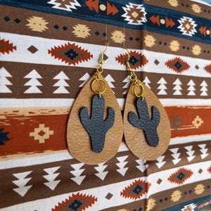 Faux Leather Cactus Teardrop Earrings: Western Boho Dangle