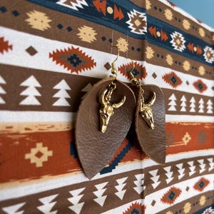 Faux Leather Teardrop Earrings: Gold Bull Skull, Western Cowgirl Jewelry