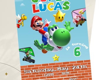 Super Mario Bros-uitnodiging | Mario-feestuitnodiging | Verjaardag videogame voor kinderen | Afdrukbare digitale download | Luigi Yoshi Bowser Princess Peach