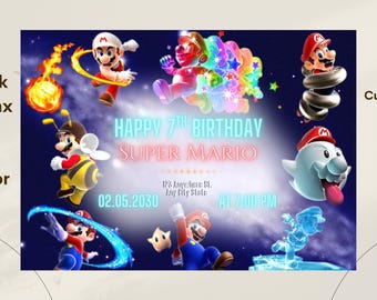 Super Mario Bros-uitnodiging | Mario-feestuitnodiging | Verjaardag videogame voor kinderen | Afdrukbare digitale download | Luigi Yoshi Bowser Princess Peach