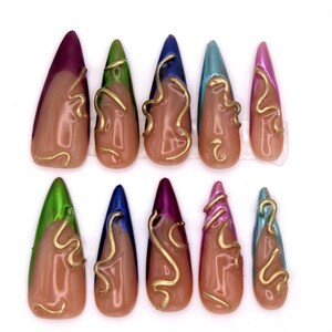 Metallic Stiletto Press On Nails | Gold Chrome Swirl Nail Art | Handmade Colorful Foil Tips | Futuristic Glam Nail Set (10 Pieces)