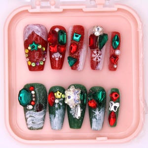 10pc Christmas Bling Press-On Nails | Red & Green 3D Holiday Nail Set | Rhinestone Snowflake Nails | Handmade Christmas Party Nails