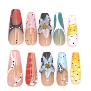 Pop Art Press On Nails | Abstract Floral Nail Set | Colorful Handmade Designer Nails | Funky Mixed Style Press Ons | Y2K Nail Art