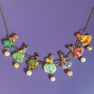 Vintage-Inspired Handmade Shrink Plastic Charm Necklace | Retro Doll Pendant Jewelry | Whimsical Statement Necklace with Pearls