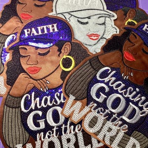 May include: Embroidered patches depicting women in caps with the word "FAITH" and the phrase "Chasing God not the World." The patches are in purple and brown tones.