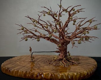 Tree of Life Copper Wire Sculpture with Iron Rod on Olive Wood