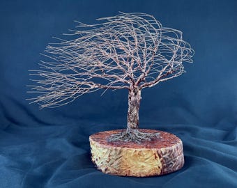 Sauce azotado por el viento - Árbol de alambre trenzado a mano de 23 cm sobre una losa de madera envejecida