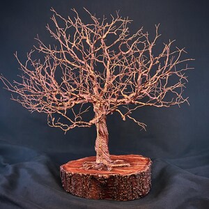 May include: A copper wire sculpture of a leafless tree with intricate, twisted branches and a thick, textured trunk. The tree is mounted on a circular, reddish-brown wooden base with visible bark edges and a flat, polished top surface.