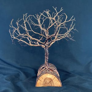 Puede incluir: Una escultura de alambre de un &aacute;rbol sin hojas con ramas met&aacute;licas oscuras retorcidas y un tronco anclado en una base de tronco de madera semicil&iacute;ndrica. El &aacute;rbol presenta finos hilos de alambre que se extienden formando una copa ramificada.