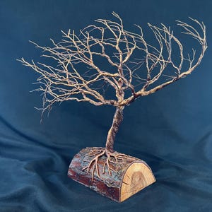 Puede incluir: Una escultura de &aacute;rbol hecha de alambre de color cobre trenzado, con ramas intrincadas que se extienden hacia afuera. El tronco y las ra&iacute;ces de alambre est&aacute;n anclados en una pieza de madera natural semicil&iacute;ndrica con corteza y veta.