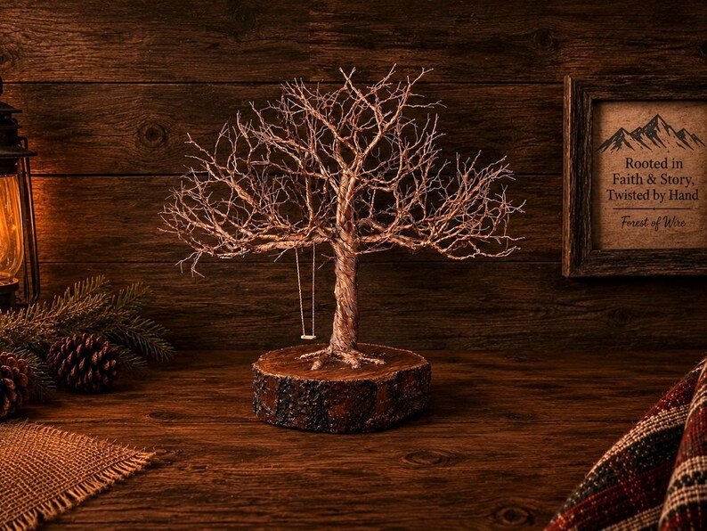 May include: A wire sculpture of a bare tree with a small swing hanging from a branch, mounted on a circular wooden base. The tree features intricate, twisted metallic branches and a textured trunk, creating a detailed, sculptural representation of a tree.