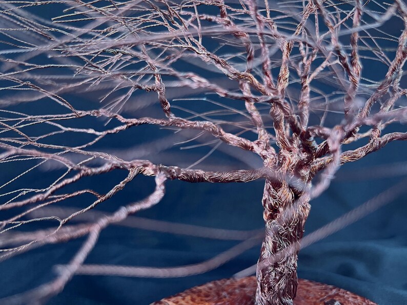 May include: A sculpture of a tree crafted from twisted copper wire, featuring a thick, braided trunk that branches out into numerous thin, delicate limbs. The metallic copper material has a warm, reddish-brown tone set against a dark blue background.