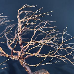 Puede incluir: Una escultura de un &aacute;rbol desnudo hecha de alambre de cobre trenzado. La estructura presenta un tronco grueso y trenzado que se ramifica en numerosas ramitas finas y delicadas que se extienden en varias direcciones, creando una silueta org&aacute;nica compleja.